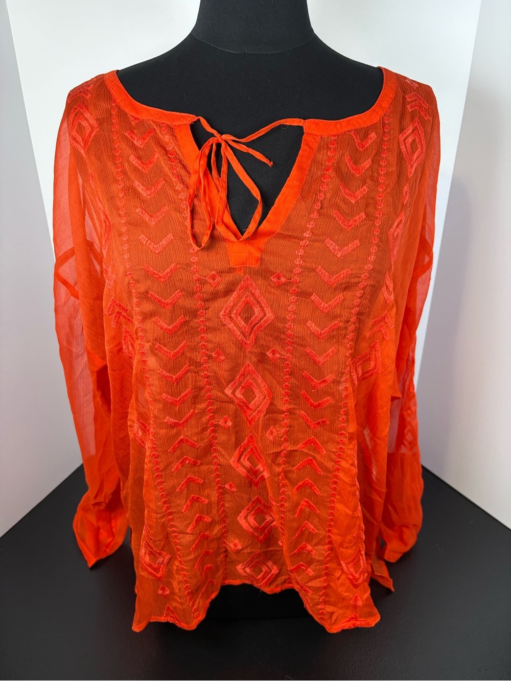 Old Navy Bright Orange Embroidered Tie-Front Tunic